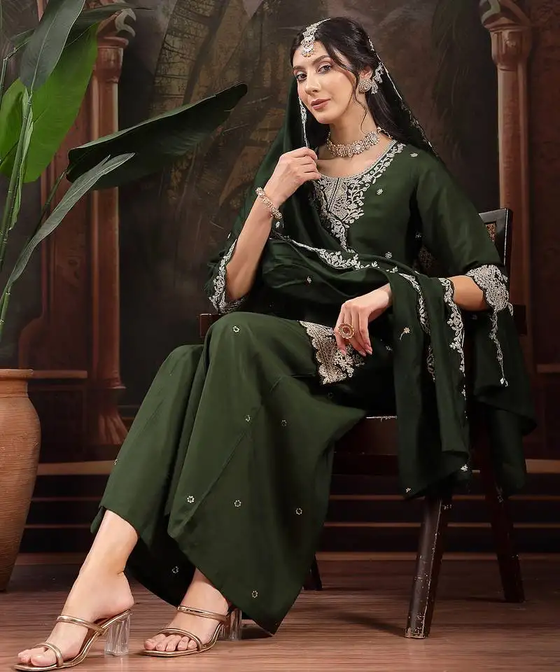 Green silk blend kurta dupatta palazzo set