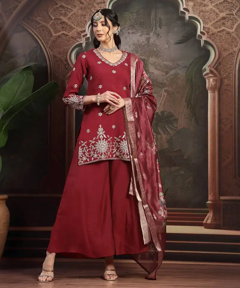 Maroon mul chanderi short kurta palazzo set