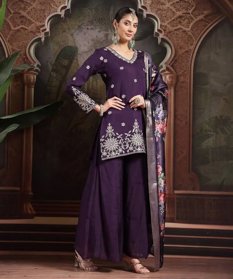 Purple mul chanderi short kurta palazzo set