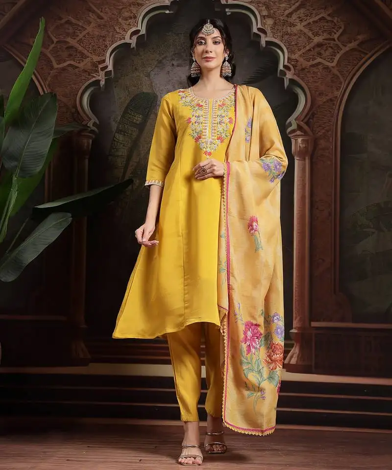 Yellow mul chanderi a-line kurta trouser set