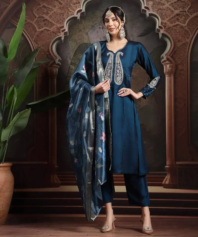Teal blue embroidered a-line kurta trouser dupatta set