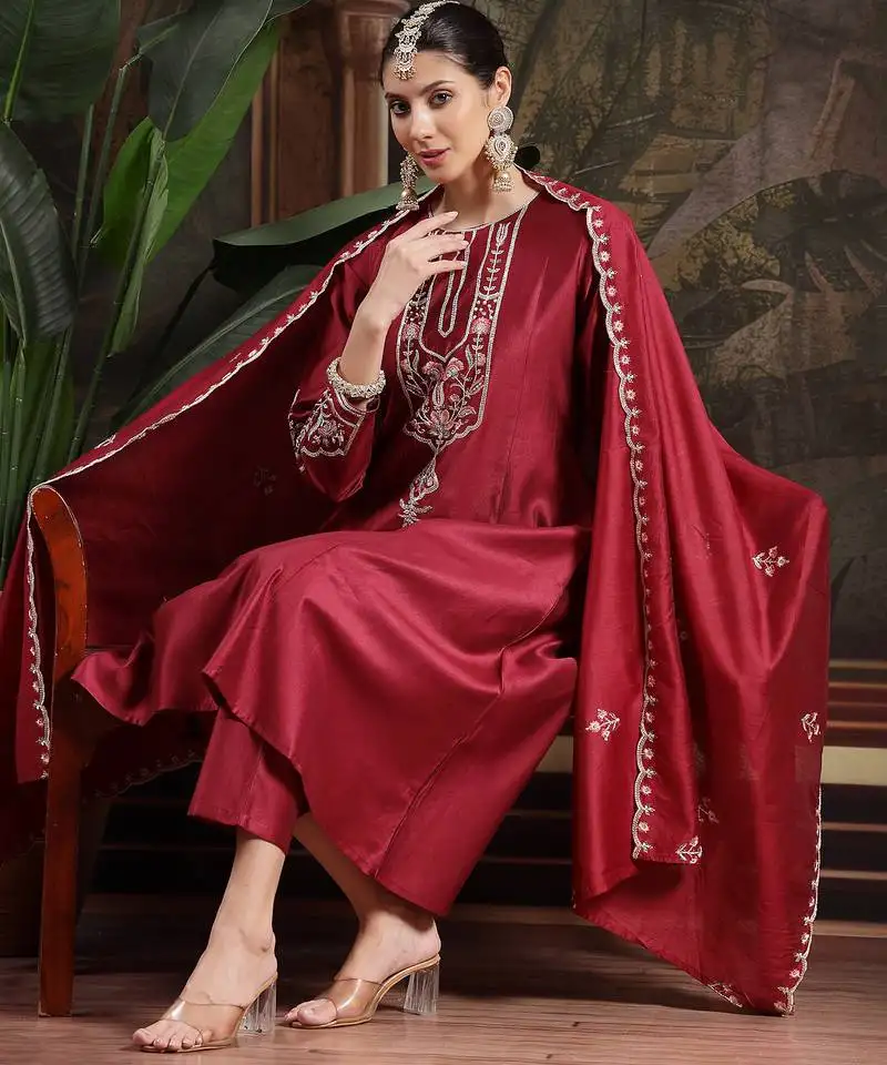 Maroon embroidered a-line kurta trouser dupatta set