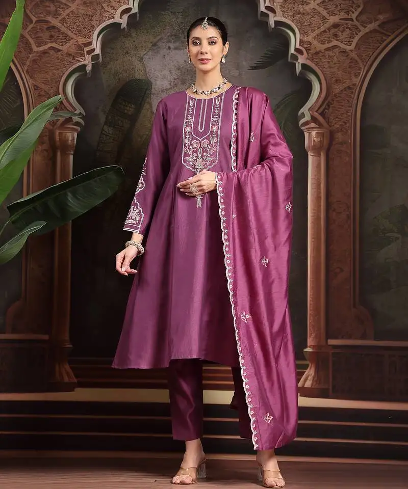 Purple thread work a-line kurta trouser dupatta set