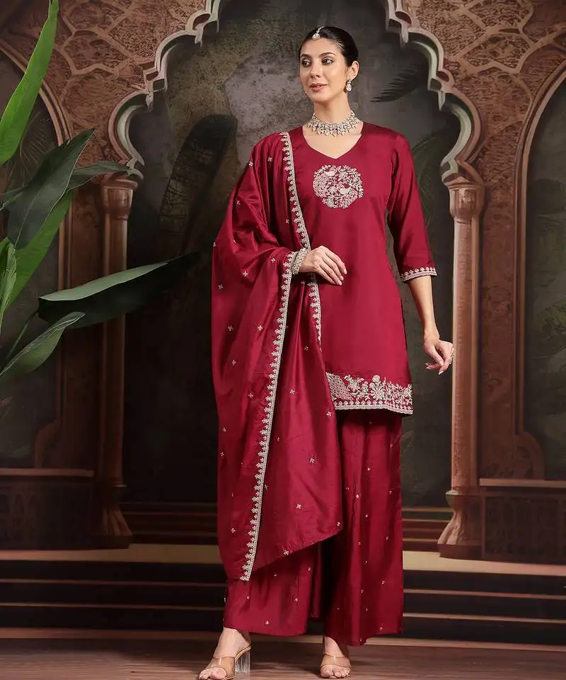 Maroon embroidered a-line kurta palazzo dupatta set