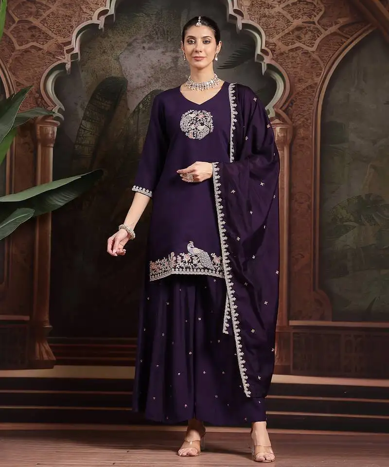 Purple embroidered a-line kurta palazzo dupatta set