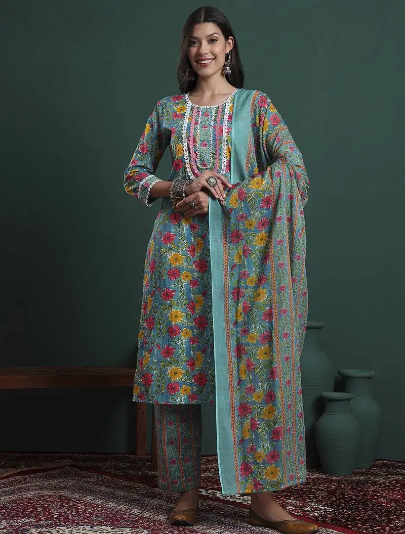 Turquoise blue cotton floral print lace work kurta pants dupatta set
