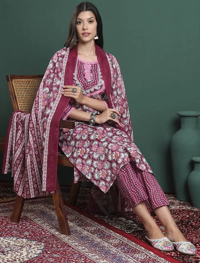 Burgundy and grey cotton floral print lace work kurta pants dupatta set