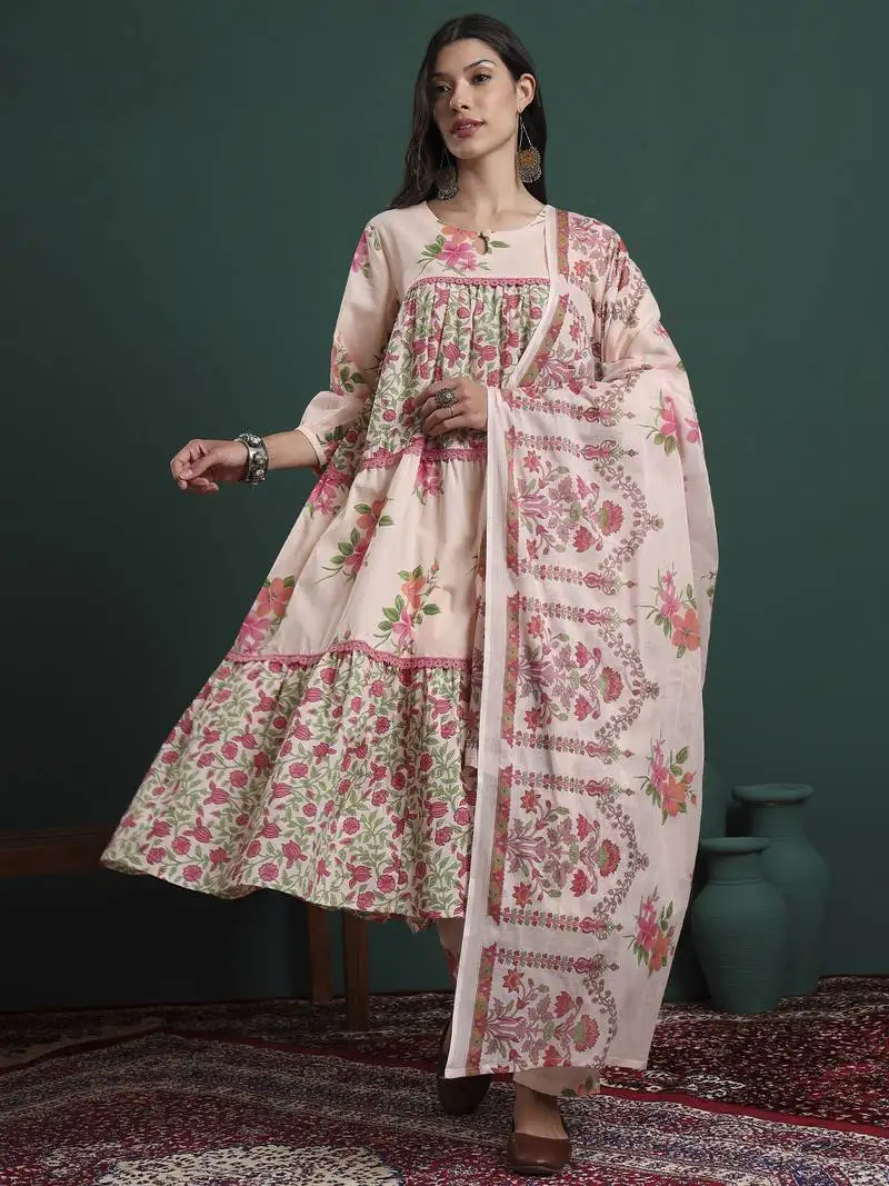 Pink and cream cotton floral print lace work tiered kurta pants dupatta set