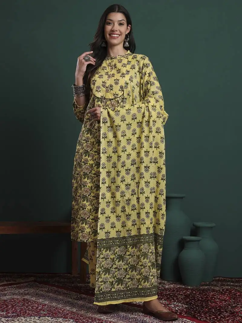 Yellow cotton floral print sequins work kurta pants dupatta set