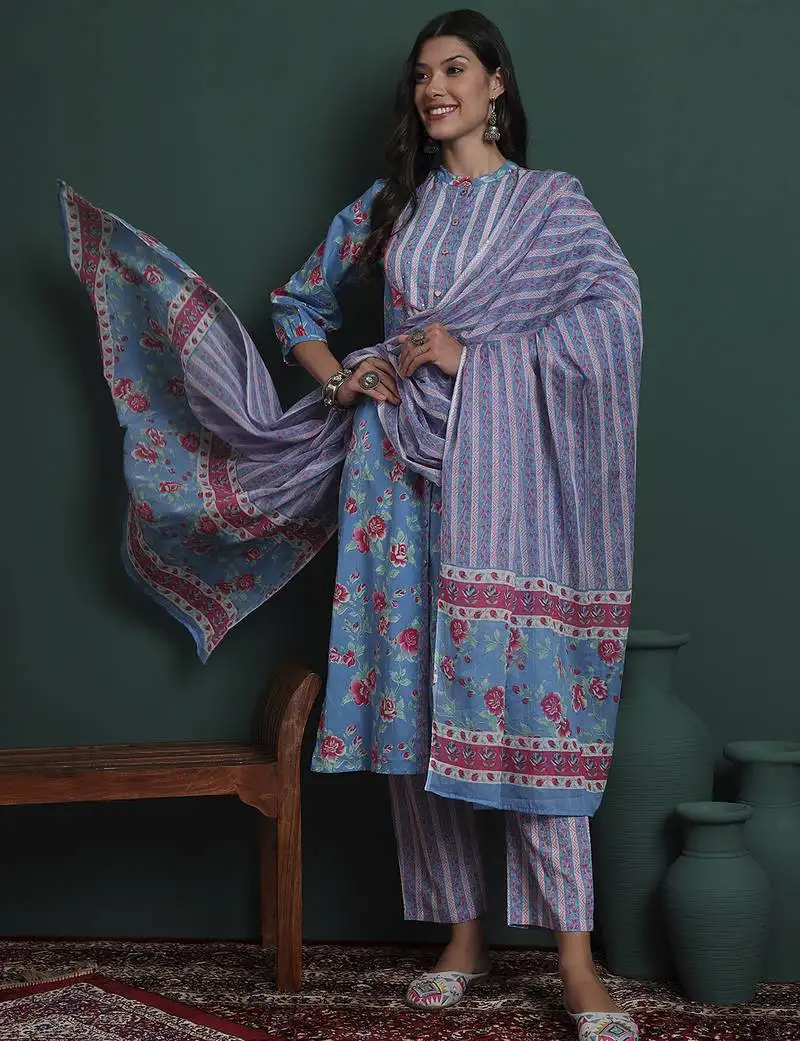 Turquoise blue cotton floral print sequins work kurta pants dupatta set