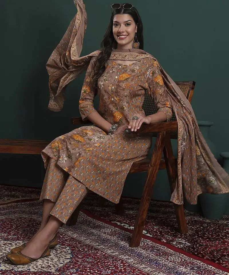 Brown cotton floral print kantha work a-line kurta pants dupatta set