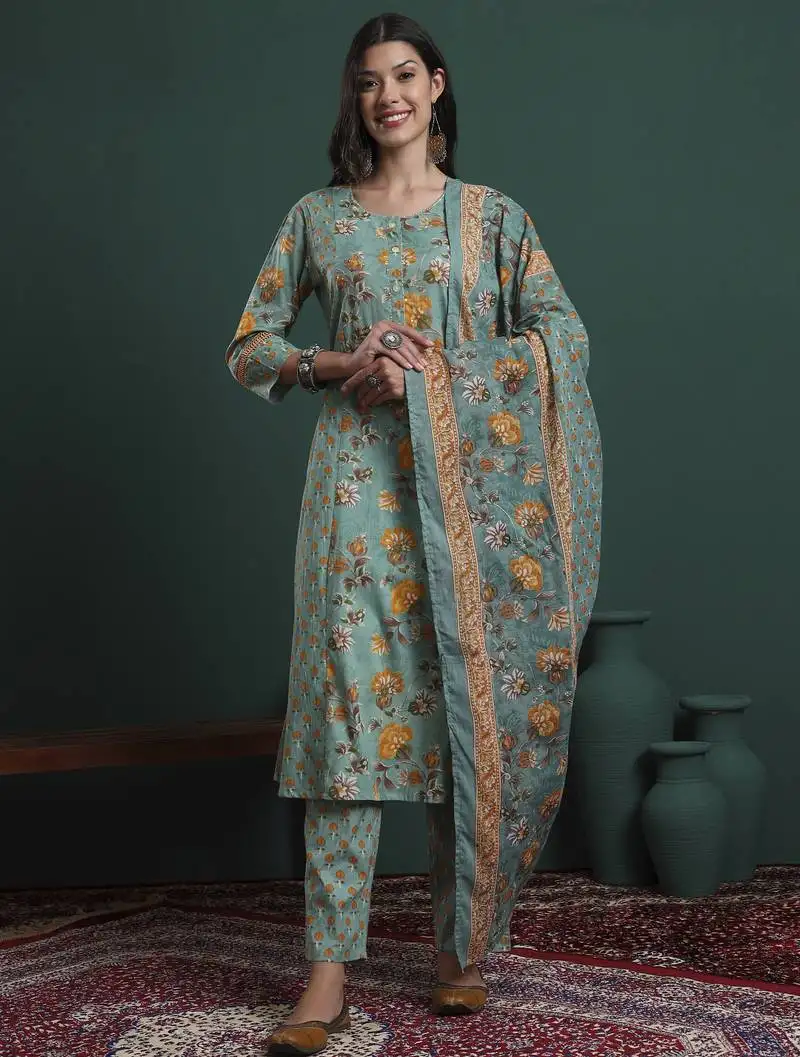 Green cotton floral print kantha work a-line kurta pants dupatta set