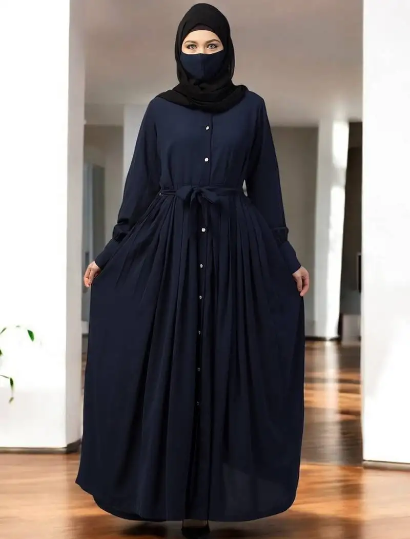 Navy-blue front open- designer abaya with pleats