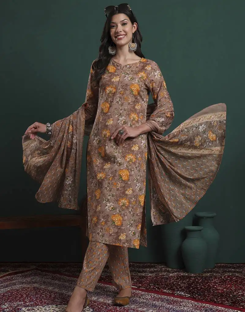 Brown cotton floral print piping kurta pants dupatta set