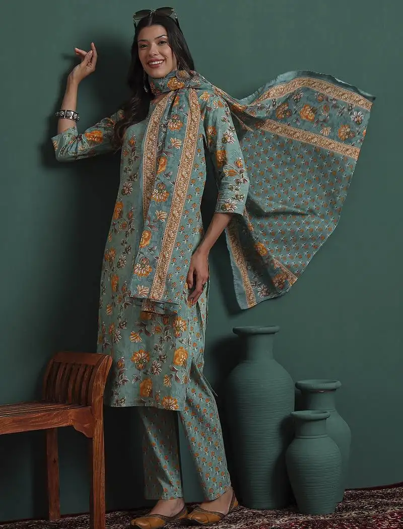 Green cotton floral print piping kurta pants dupatta set
