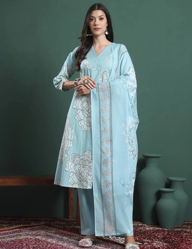Sky blue cotton floral print a-line kurta pants dupatta set