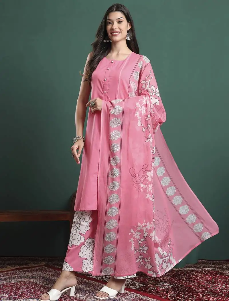 Pink cotton aline sleeveless kurta palazzo dupatta set