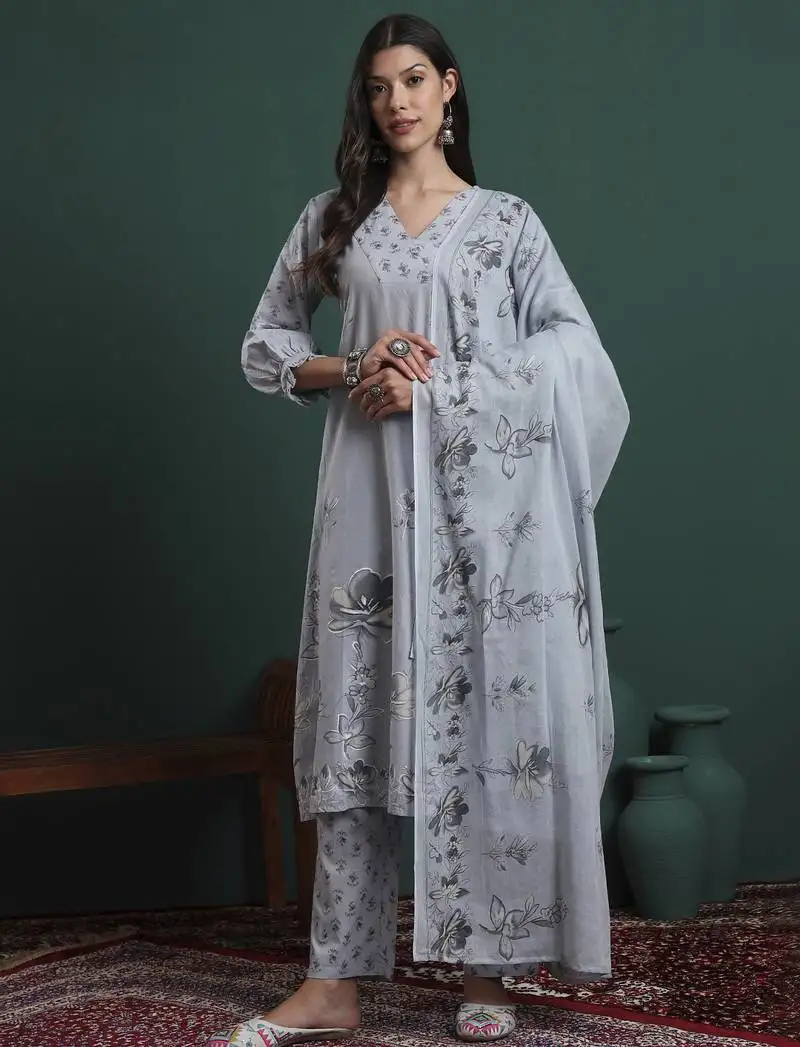 Grey pure cotton floral,beads and stones kurta pants dupatta set