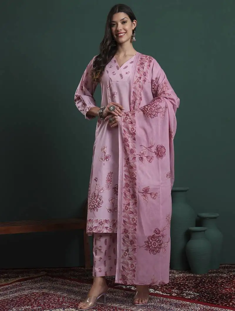 Pink pure cotton floral,beads and stones kurta pants dupatta set