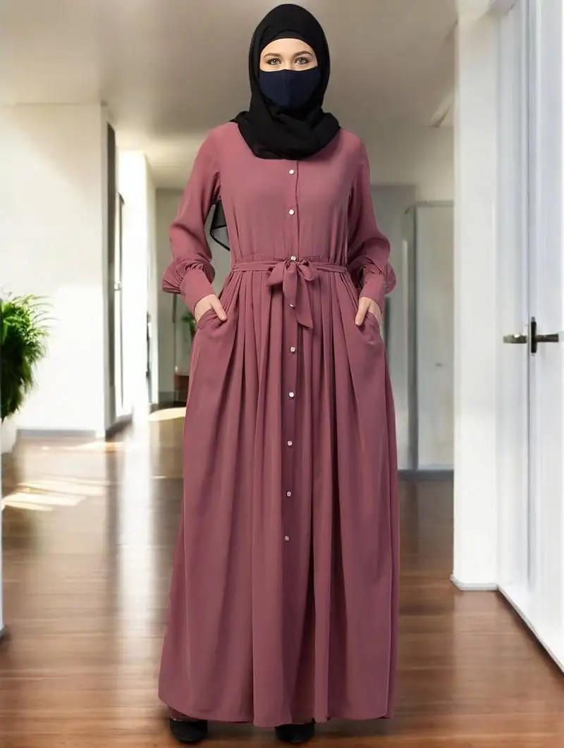 Pink front open- designer abaya with pleats