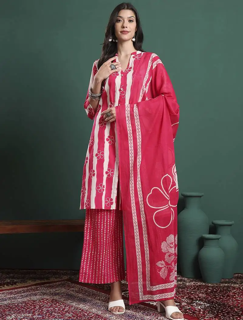 Pink pure cotton striped kurta palazzo dupatta set