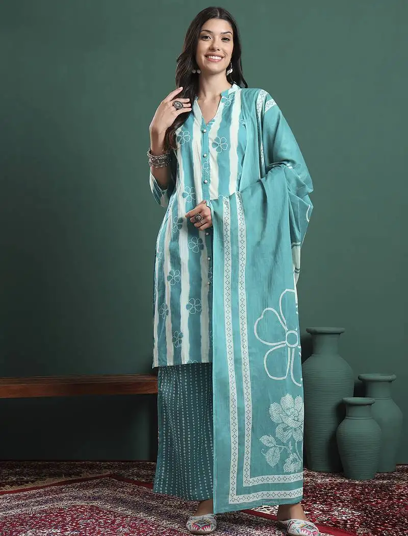 Blue pure cotton striped kurta palazzo dupatta set