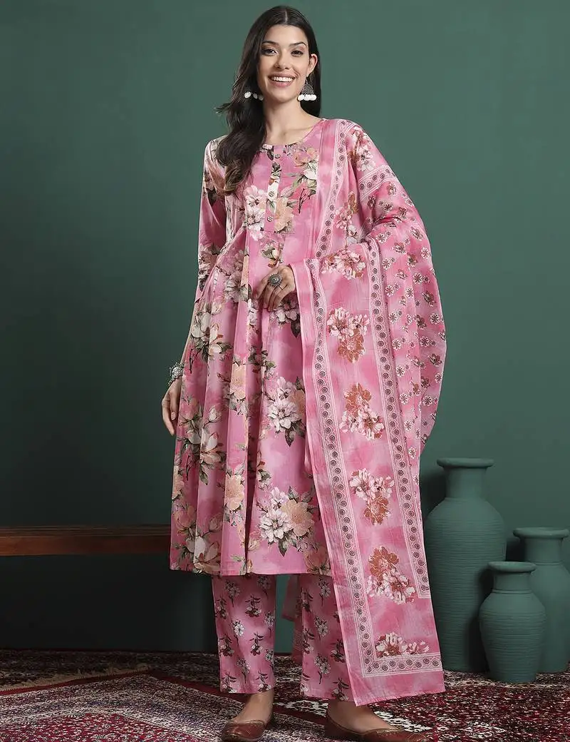 Pink floral print a-line maternity kurta trouser dupatta set
