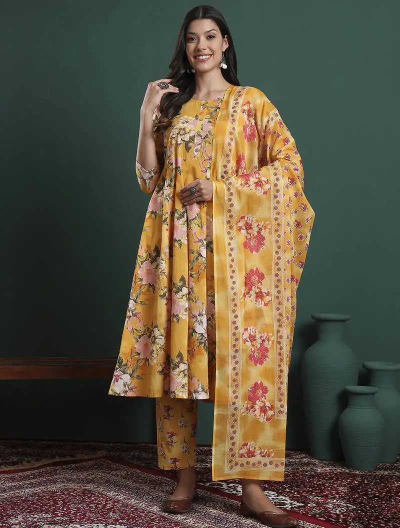 Yellow floral print a-line maternity kurta trouser dupatta set