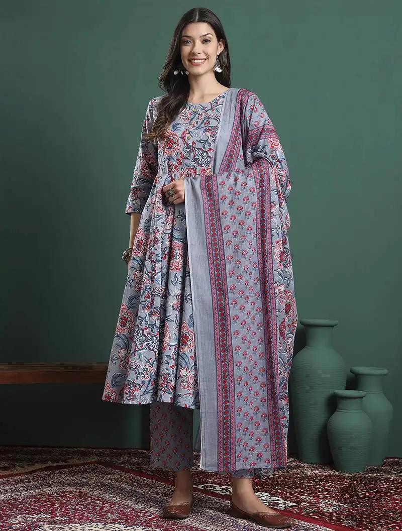 Grey floral print maternity a-line kurta trouser dupatta set