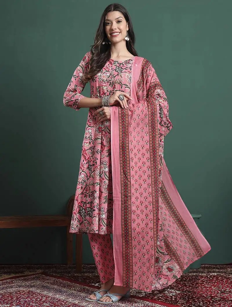 Pink floral print maternity a-line kurta trouser dupatta set