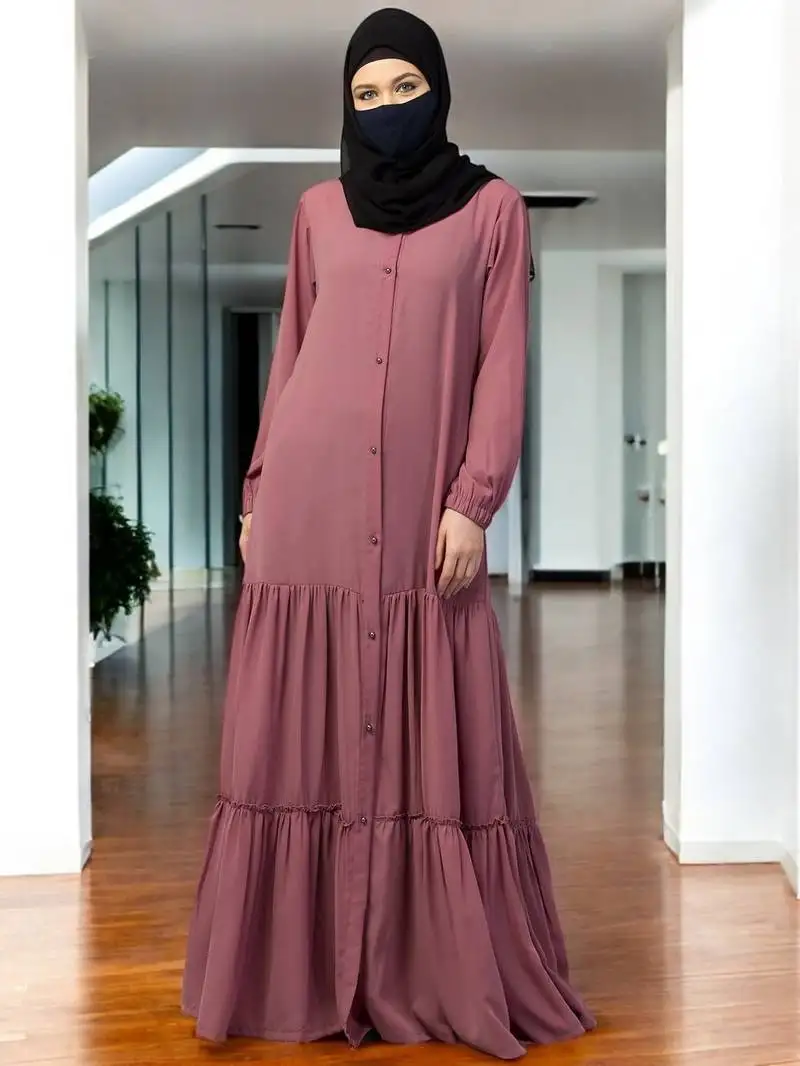 Pink front open- designer abaya with gathered layers