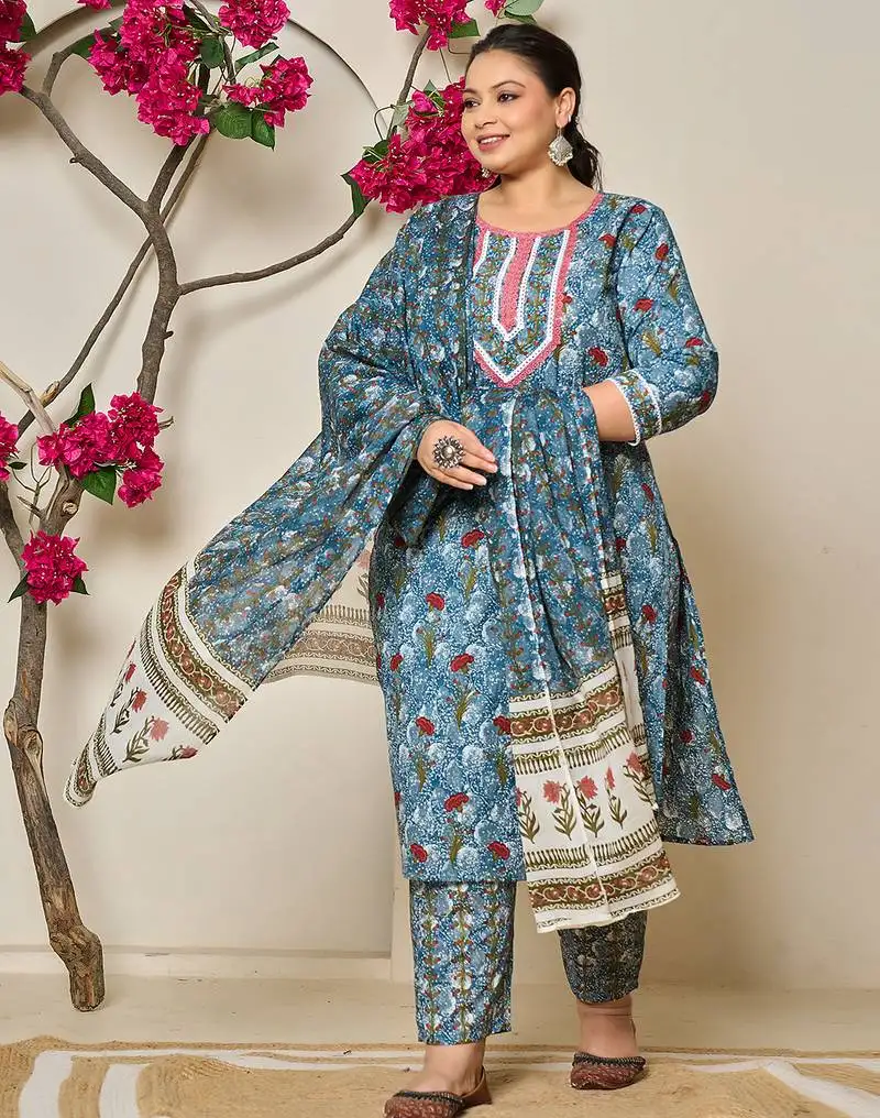 Grey cotton straight plus size kurta dupatta pant set