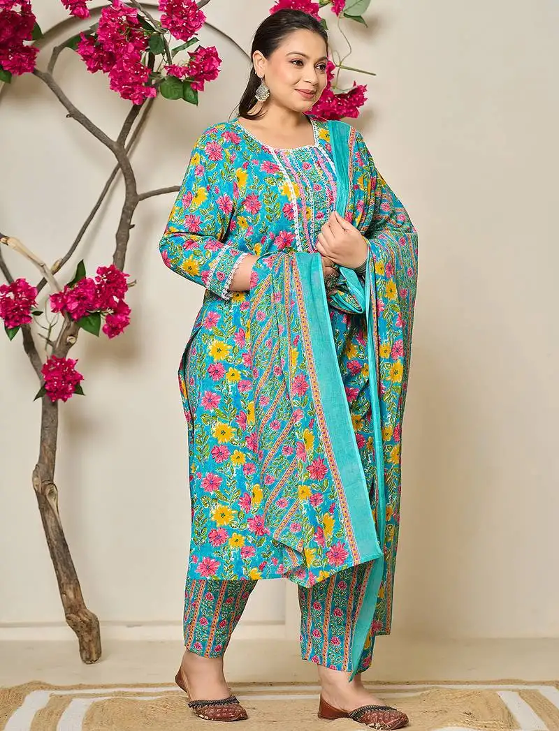 Turquoise blue cotton floral print lace work plus size kurta pants dupatta set