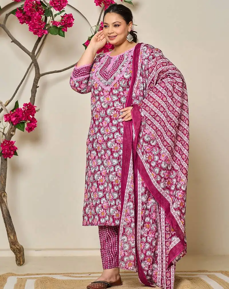 Burgundy and grey cotton floral print lace work plus size kurta pants dupatta set