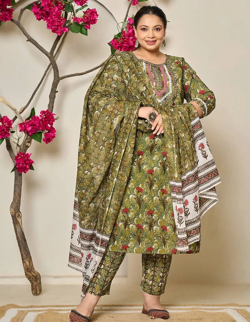 Green cotton lace work on yoke straight plus size kurta dupatta pant set