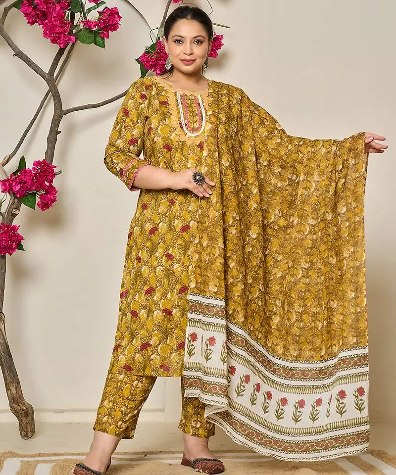 Mustard pure cotton lace work on yoke straight plus size kurta dupatta pant set