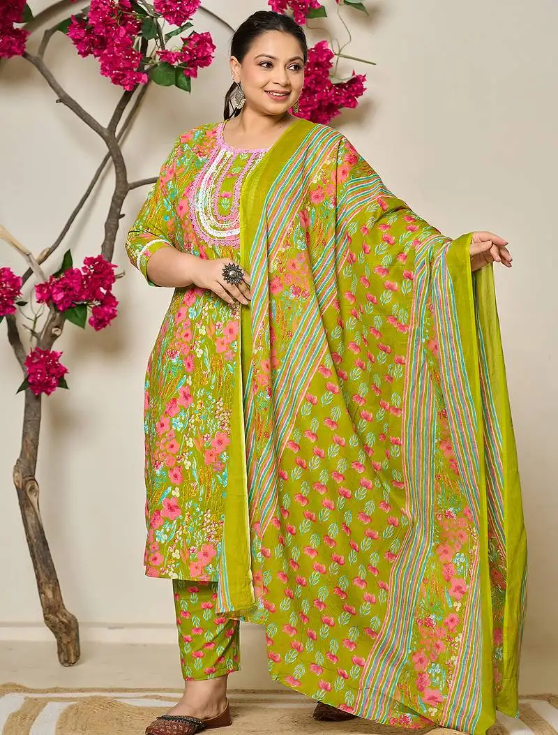 Green floral print straight plus size kurta trouser dupatta set