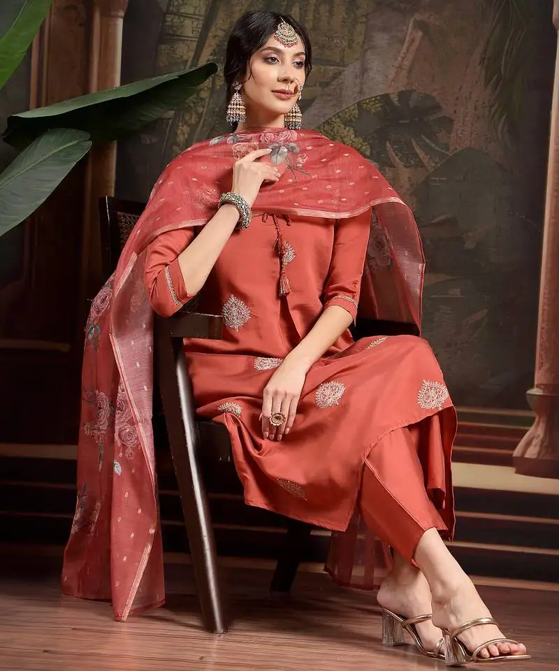 Rust zari work a-line kurta trouser dupatta set