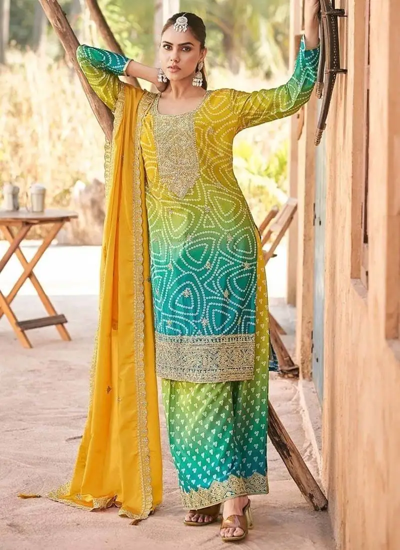 Yellow premium chinon embroidered palazzo suit stitched