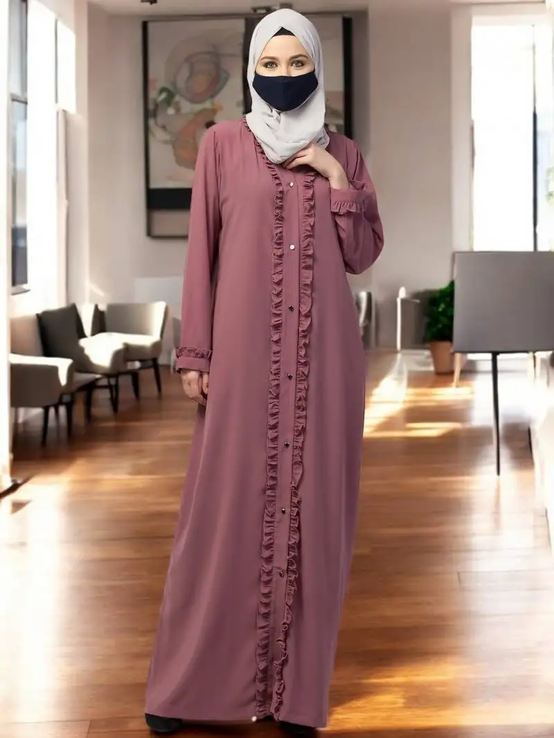 Pink front open abaya with ruffles