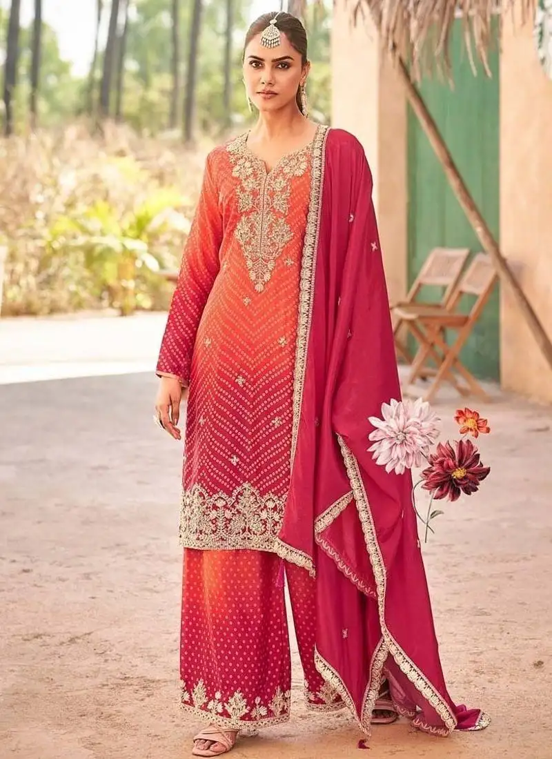 Red chinon embroidered palazzo suit stitched