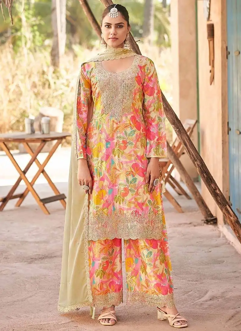 Cream chinon embroidered palazzo suit stitched
