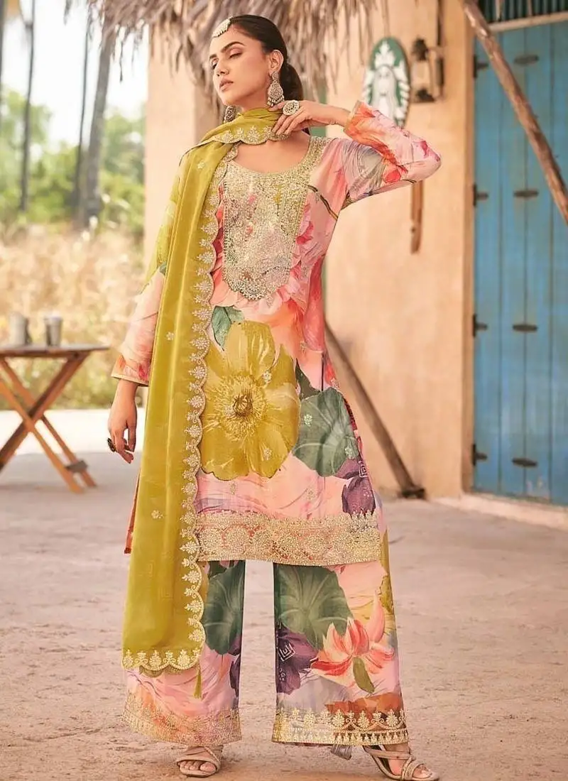 Baby pink chinon embroidered palazzo suit stitched