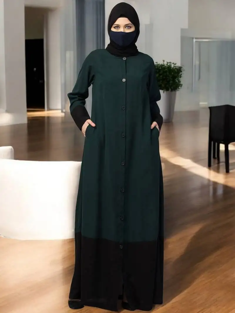Green dual color- front open abaya with cuffs