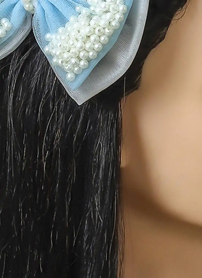 Blue net pearl hair bow
