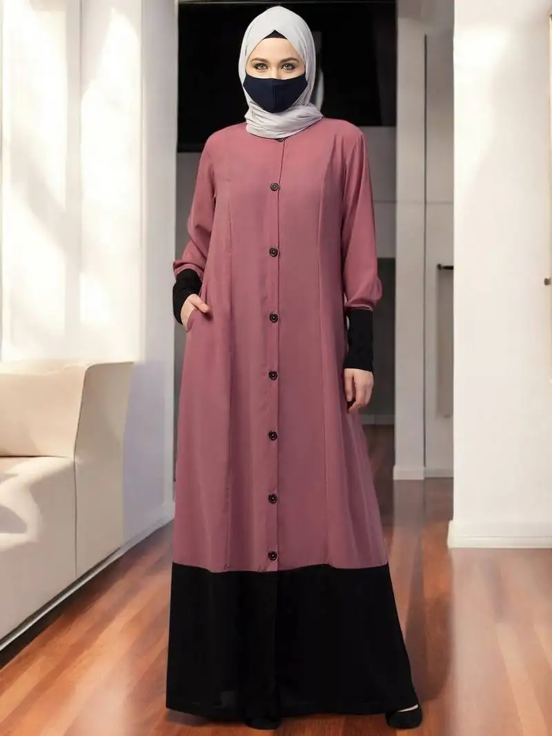 Pink dual color- front open abaya with cuffs