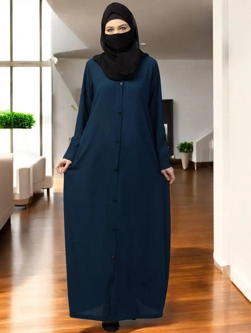 Teal front open abaya with cuffed sleeves