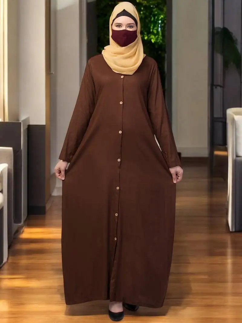 Brown elegant front open abaya dress with wooden button