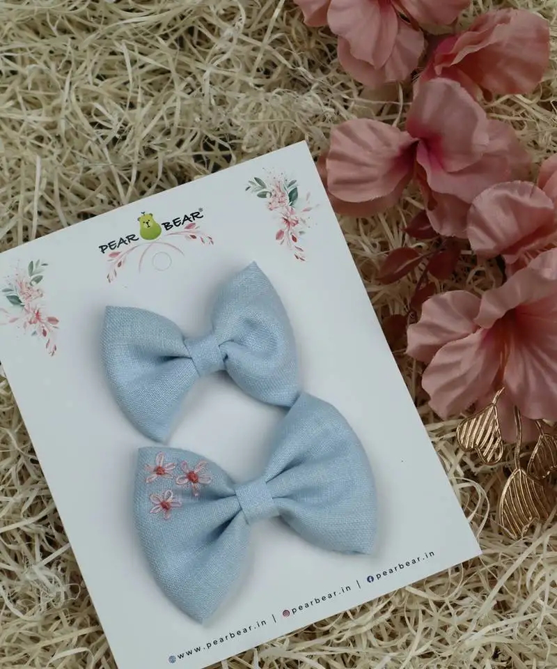 Blue plain linen hair bow