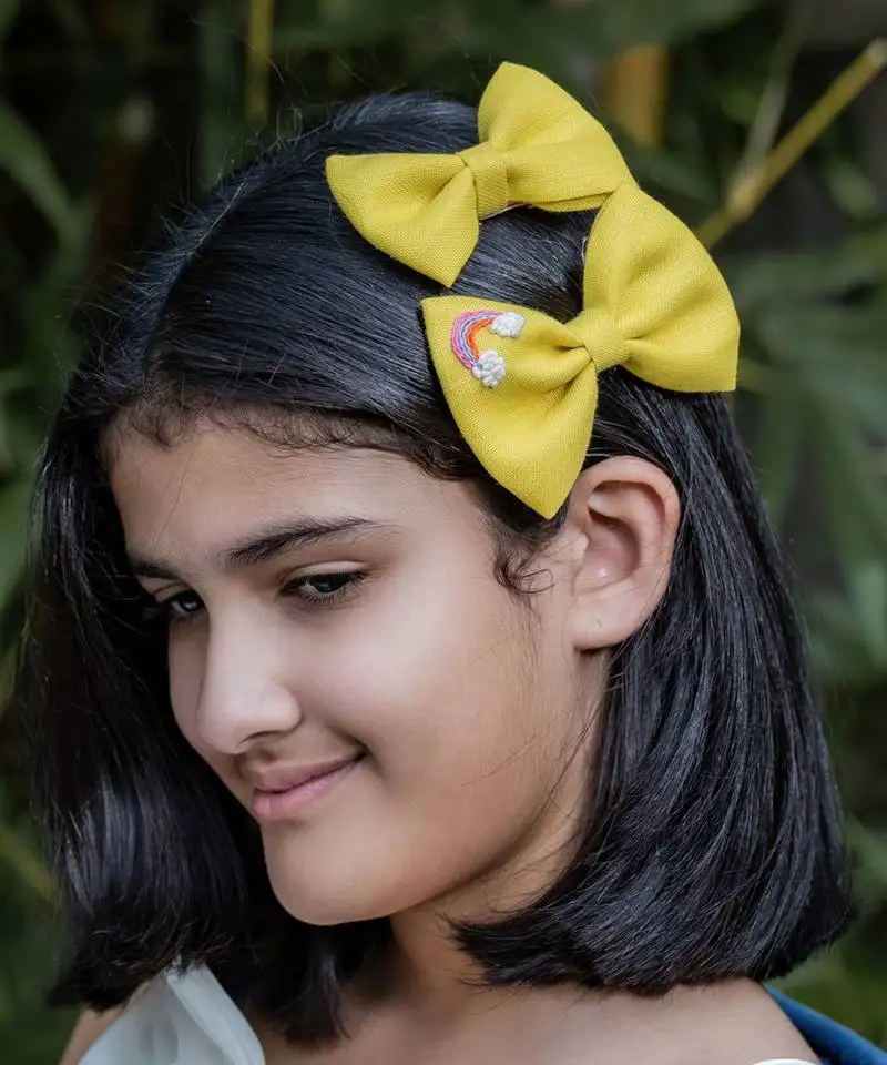Yellow plain linen hair bow